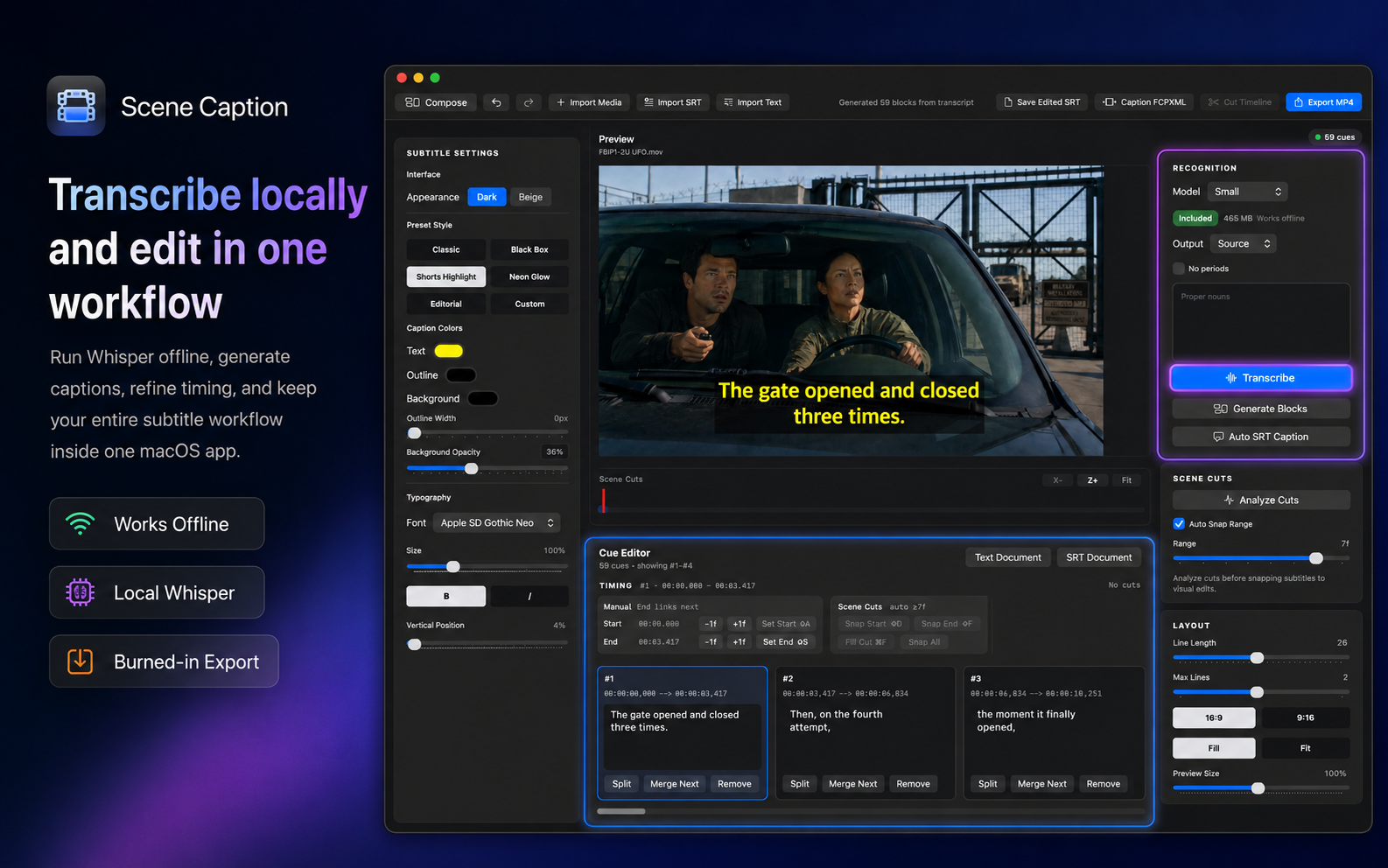SceneCaption Studio interface showing offline transcription, subtitle preview, cue editor, scene cut tools, and export controls.
